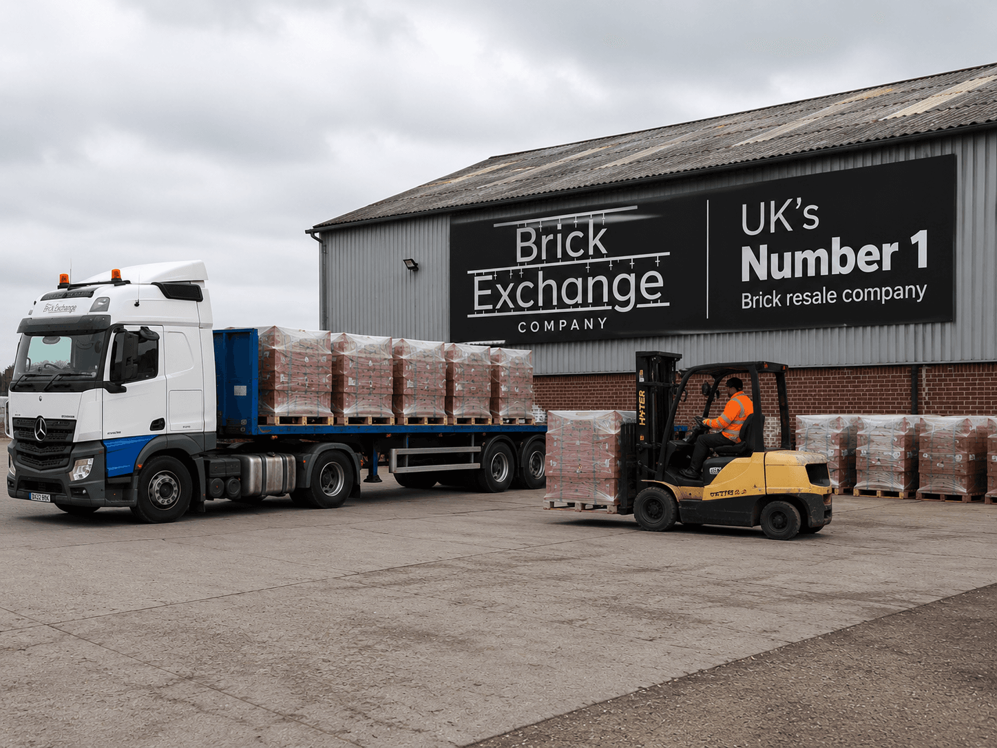Yellow forklift loading pallets of bricks onto a white semi-truck outside the Brick Exchange Company warehouse.